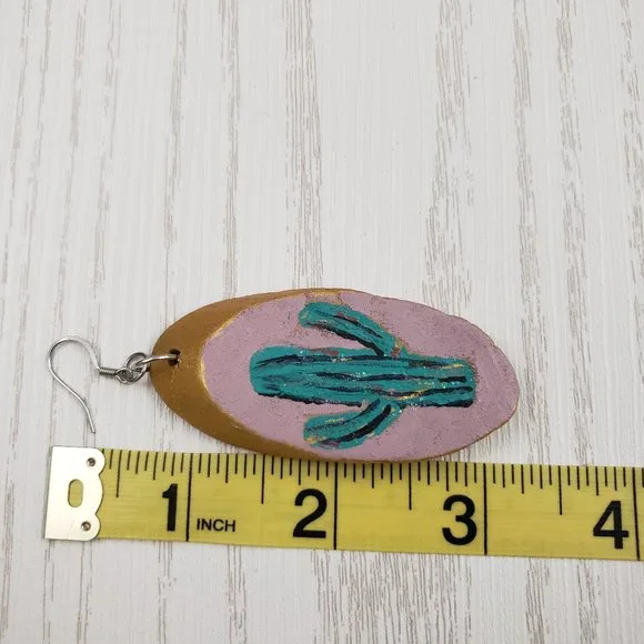 Wood Oval SINGLE Earring Cactus Painted Drop - Picture 5 of 5